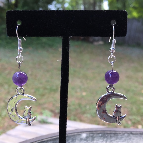 PeaceFrog Jewelry - Purple Amethyst Kitty Cat in Moon Earrings